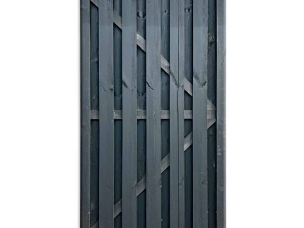 Havelåge Antracit 180x100cm er en lodret trælåge med mørk finish, med spaltedesign og diagonale støttebjælker til forstærkning. Porten er vist på hvid baggrund.