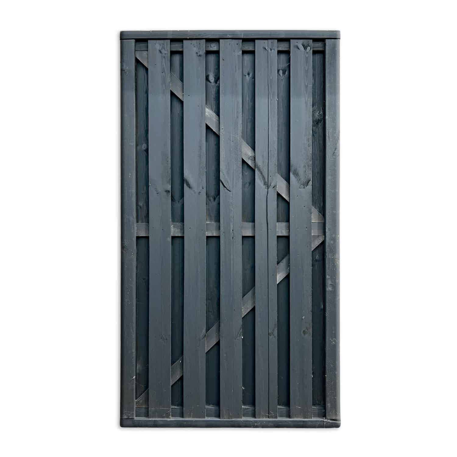 Havelåge Antracit 180x100cm er en lodret trælåge med mørk finish, med spaltedesign og diagonale støttebjælker til forstærkning. Porten er vist på hvid baggrund.
