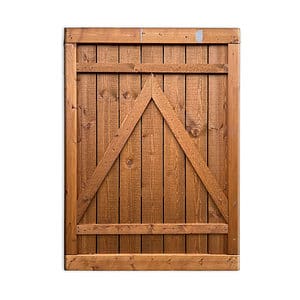 "Havelånge rustikke planker i brun" har lodret rettede planker indrammet med vandrette og diagonale tværstivere. Træet, med sin naturlige brune finish, fremviser dets årer og tekstur smukt. Set mod en almindelig hvid baggrund skaber denne port en slående kontrast, der fremhæver dens rustikke charme.