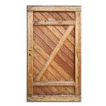 Havelåge lærketræ 100x180cm har diagonale planker, der danner et chevronmønster og er indrammet af en tykkere trækant. Den har et rustikt udseende med en diagonal bøjle, der løber fra øverste højre hjørne til nederste venstre side for ekstra støtte. Låsen er ikke synlig.