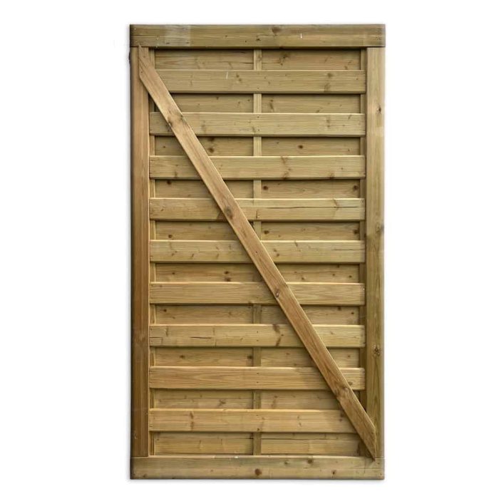 Lamellåge i træfarve er en havelåge i træ med en diagonal støttebjælke. Det består af vandrette træplanker indrammet med en rektangulær kant, og det behandlede og bejdsede træ gør det velegnet til udendørs brug.