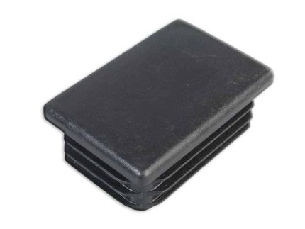 En rektangulær 60x40 mm sort plastik endehætte med ribbede sider, designet til at passe ind i åbningen af et rør eller et rør.