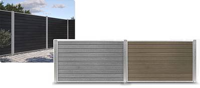Billedet viser tre forskellige stilarter af hegnspaneler lavet af Kompositbræt 25mm - WPC Træstruktur. Til venstre er et sort vandret lamelhegn monteret udendørs. Til højre vises yderligere to vandrette lamelhegn til farvesammenligning, den ene i lysegrå og den anden i brun Kompositbræt 25mm - WPC Træstruktur.