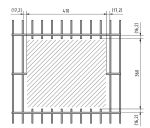 En skematisk tegning, der illustrerer en firkant med et mønstret fyld i midten, er omgivet af lodrette og vandrette linjer, der ligner armeringsstænger. Målene for Postkasse til indbygning i panelhegn - Antracit 7016 Mat er angivet: 410 enheder vandret og 360 enheder lodret, med mellemrum på 16,2 og 17,2 enheder på yderkanterne.