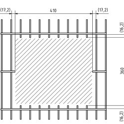 En skematisk tegning, der illustrerer en firkant med et mønstret fyld i midten, er omgivet af lodrette og vandrette linjer, der ligner armeringsstænger. Målene for Postkasse til indbygning i panelhegn - Antracit 7016 Mat er angivet: 410 enheder vandret og 360 enheder lodret, med mellemrum på 16,2 og 17,2 enheder på yderkanterne.