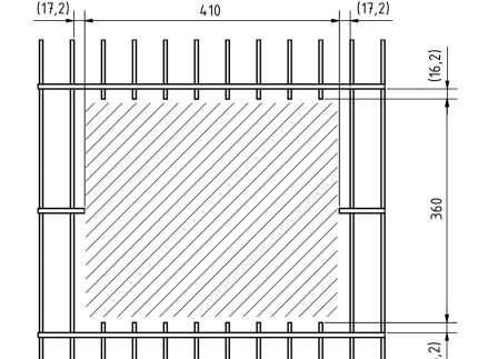 En skematisk tegning, der illustrerer en firkant med et mønstret fyld i midten, er omgivet af lodrette og vandrette linjer, der ligner armeringsstænger. Målene for Postkasse til indbygning i panelhegn - Antracit 7016 Mat er angivet: 410 enheder vandret og 360 enheder lodret, med mellemrum på 16,2 og 17,2 enheder på yderkanterne.