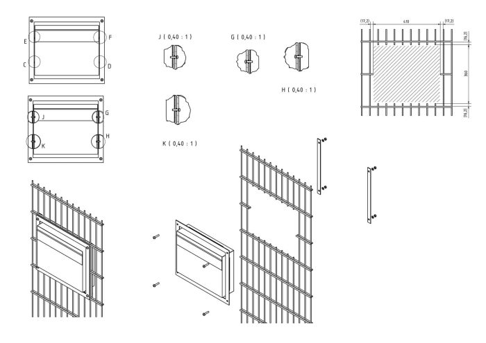 Teknisk tegning af metalarmeringskonstruktioner med detaljerede visninger af sektioner og dimensioner. Billedet inkluderer top- og sidebilleder af rammer, konnektorer mærket G, H, J og K, med 3D-perspektivbilleder af samlingsprocessen for "Postkasse til indbygning i panelhegn - Antracit 7016 Mat" armeringspaneler og tilslutninger.