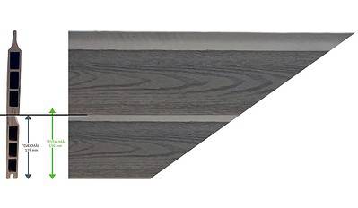 Billede af en grå gulvrampeprofil i træ med mål markeret. Kompositbræt 25mm - WPC Træstruktur højde er markeret som 119 mm og TOTALMAL højde er markeret som 150 mm. Den trekantede rampe, lavet af k2 komposit, tilspidser til et punkt på højre side.