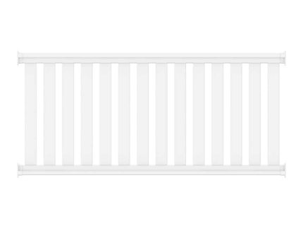 Hegnselement i Plast "Railing" 200x90cm (BRED) har et enkelt, rent design med jævnt fordelte lodrette stænger indrammet af vandrette og lodrette understøtninger. Dette hvide plastik gelænder er velegnet til både sikkerhed og dekorative formål i boliger eller kommercielle omgivelser.