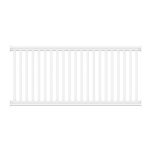 Et hvidt, vandret "rækværk" verandagelænder med lodrette lameller jævnt fordelt over dets 200x90 cm længde. Det enkle og rene design af Hegnselement i Plast er velegnet til bolig- eller havebrug. Baggrunden er almindelig hvid.