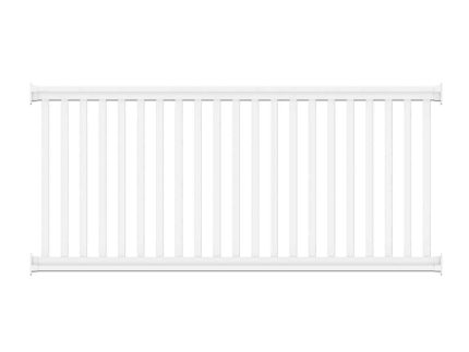 Et hvidt, vandret "rækværk" verandagelænder med lodrette lameller jævnt fordelt over dets 200x90 cm længde. Det enkle og rene design af Hegnselement i Plast er velegnet til bolig- eller havebrug. Baggrunden er almindelig hvid.