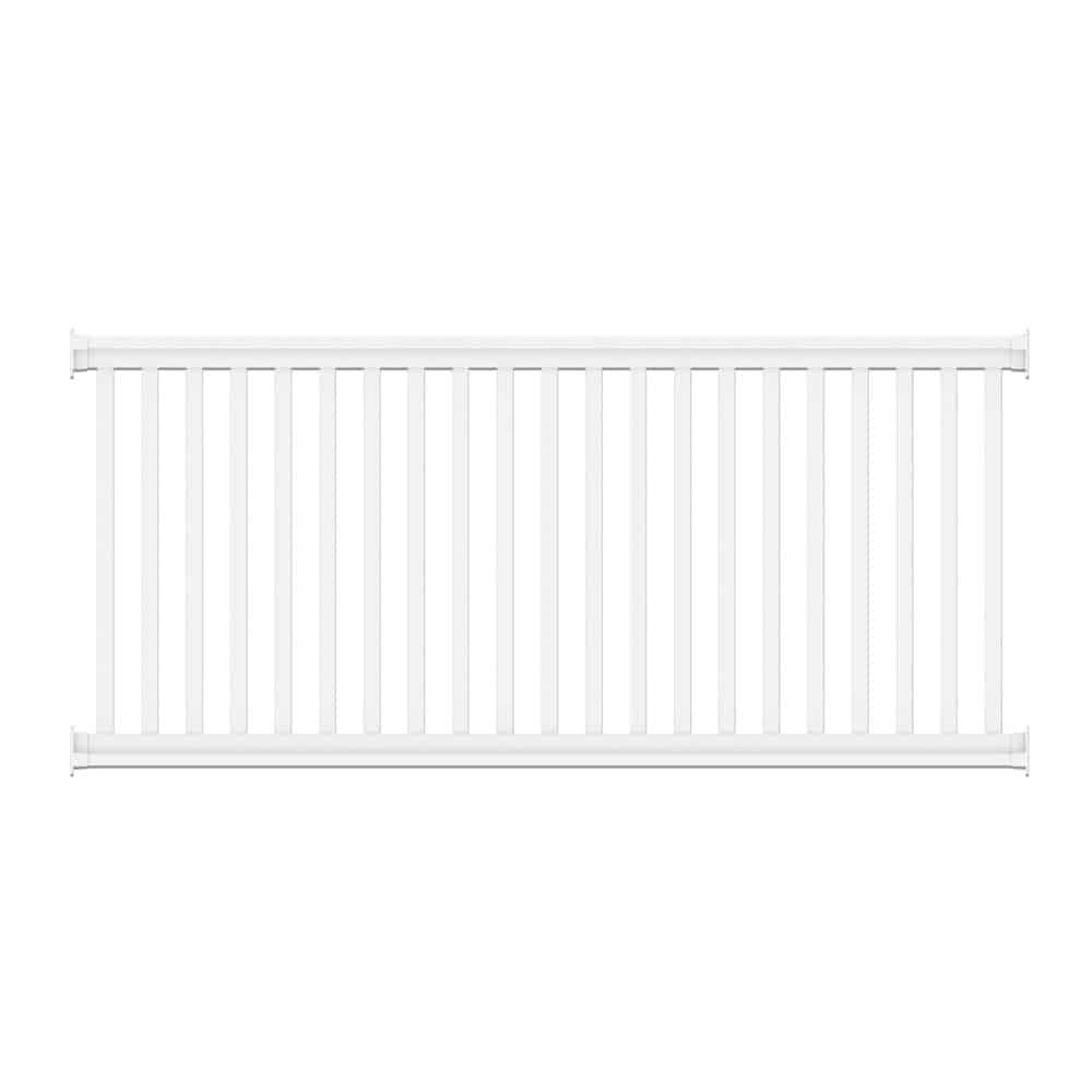 Et hvidt, vandret "rækværk" verandagelænder med lodrette lameller jævnt fordelt over dets 200x90 cm længde. Det enkle og rene design af Hegnselement i Plast er velegnet til bolig- eller havebrug. Baggrunden er almindelig hvid.