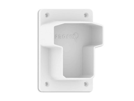 Vi præsenterer Hegnsbeslag Plast "Gelænder" Hvid: et vægmonteret beslag, der er specielt designet til at holde et håndholdt brusehoved. Dette rektangulære beslag har en åben front for nem adgang sammen med fire synlige skruehuller i hjørnerne for sikker montering. Interiøret er præget med Profex-logoet, hvilket sikrer både stil og pålidelighed.