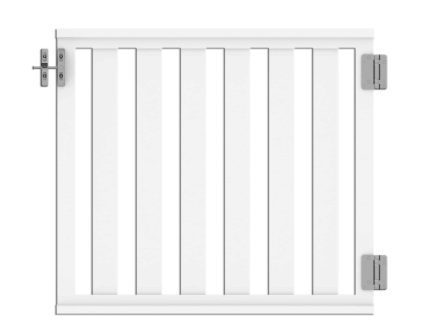 En hvid vinylport med lodrette lameller, Dobbeltlåge i Plast "Railing" 400x90cm (BRED), er sikret med en lås i venstre side og to kraftige hængsler til højre. Porten har et enkelt, moderne design, ideel til brug i en have eller som en del af et gelændersystem.