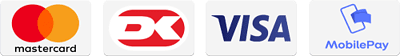Ikoner med fire betalingsmetoder: Mastercard (røde og gule cirkler), Dankort (rødt og hvidt logo), Visa (blå tekst og logo) og MobilePay (blå smartphone med kortlogo og blå tekst).
