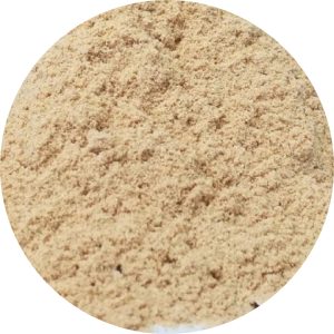 Fint, let beige pudder med en lidt ujævn konsistens, der ligner malet mel eller fint formalede korn. Overfladen viser små klumper og granulat, hvilket giver den et lidt ru udseende, svarende til finishen på Kompositbræt 25mm - WPC Træstruktur materialer.