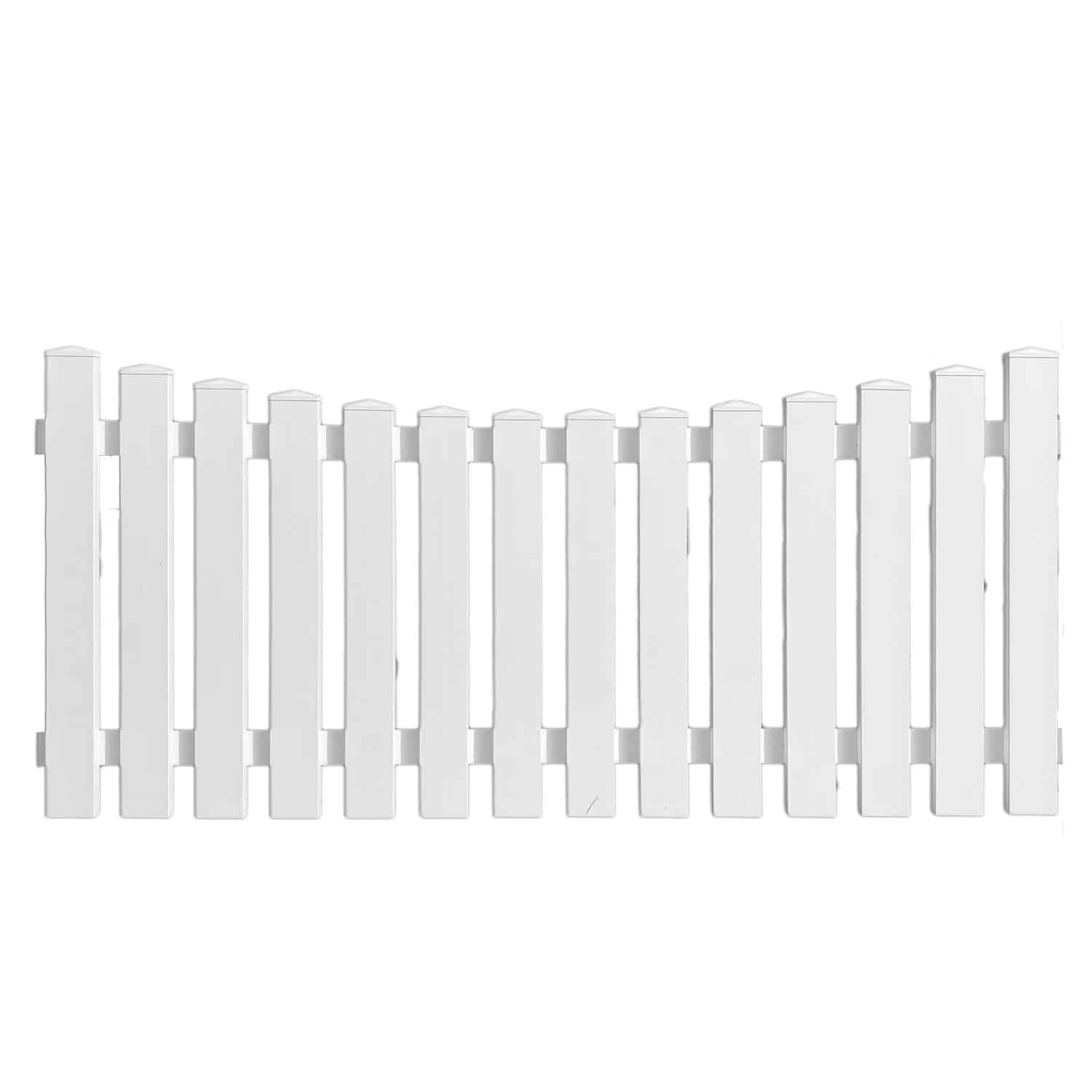 En hvid Stakithegn i Plast "PROFEXline" 180x80/70cm (BUE NED) hegnssektion med jævnt fordelte lodrette lameller og dekorative spidse toppe. Denne hegnssektion har en let nedadgående bue i midten, hvilket skaber et blidt, buet udseende.