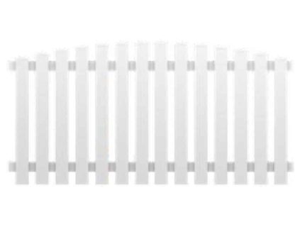 Stakithegn i Plast "PROFEXline" 180x90/80cm (BUE OP) modellen har et hvidt stakitsegment med jævnt fordelte lodrette lameller forbundet med to vandrette skinner. Den har en let buet form i toppen, hvilket skaber et glat, buet udseende og vises på en hvid baggrund.