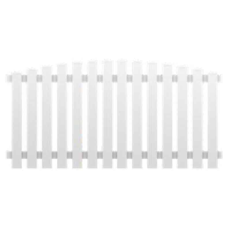 Stakithegn i Plast "PROFEXline" 180x90/80cm (BUE OP) modellen har et hvidt stakitsegment med jævnt fordelte lodrette lameller forbundet med to vandrette skinner. Den har en let buet form i toppen, hvilket skaber et glat, buet udseende og vises på en hvid baggrund.