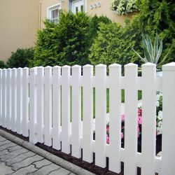 Et Stakithegn i Plast "PROFEXline" 180x80cm (LIGE) hvidt stakit hegn kanter kanten af en pænt anlagt have med grønne buske og blomstrende blomster. Et beige hus er i baggrunden, og en stenbelagt gangbro løber parallelt med hegnet.