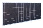 Et rektangulært solpanel med et gitterlignende mønster af fotovoltaiske celler arrangeret i rækker og søjler. Panelet, der minder om Støjhegn ECO 18Db Modul, har en sølvramme rundt om kanterne og ses i en lille vinkel, hvilket giver det et tredimensionelt udseende. Baggrunden er hvid.