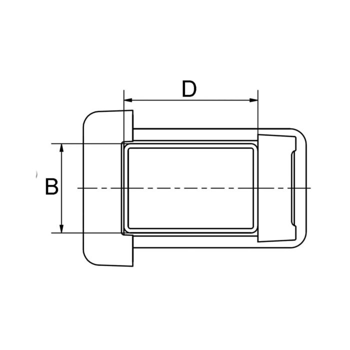 Teknisk tegning af Bøjlebeslag "DELUX" Rustfri type 3, en rektangulær genstand med afrundede kanter. Den viser en tredimensionel visning med mærket "B" for højde og "D" for dybde. Rustfri beslaget har en lille udskæring eller indhak på den ene side.