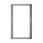 En metallisk dørramme med et glaspanel i midten. Lågeramme med lås - Varmgalvaniseret HDG - til 25mm komposit brædder har et enkelt, moderne håndtag i venstre side. Rammen og håndtaget er grå, og glasruden er klar og gennemsigtig. Baggrunden er hvid.