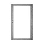 En metallisk dørramme med et glaspanel i midten. Lågeramme med lås - Varmgalvaniseret HDG - til 25mm komposit brædder har et enkelt, moderne håndtag i venstre side. Rammen og håndtaget er grå, og glasruden er klar og gennemsigtig. Baggrunden er hvid.