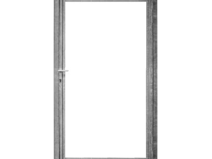 En metallisk dørramme med et glaspanel i midten. Lågeramme med lås - Varmgalvaniseret HDG - til 25mm komposit brædder har et enkelt, moderne håndtag i venstre side. Rammen og håndtaget er grå, og glasruden er klar og gennemsigtig. Baggrunden er hvid.