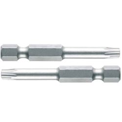 To vandret placerede Skruebit TX15 2stk med sølv, sekskantede former og splinede (stjerneformede) ender. Hver bit er identisk og viser en glat midtersektion og flade, sekskantede former nær begge ender. Disse skruetrækkerbits bruges almindeligvis til at trække skruer eller fastgørelseselementer.