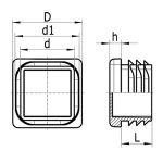 En teknisk tegning af Stolpehat Firkantet Plast-komponenten med finner, der viser front- og sidebilleder. Dimensioner er markeret som D, d1, d, h og L. Sidebilledet viser finnerne og tværsnitsdetaljerne, mens frontbilledet viser den firkantede form med den indre plastsektion.