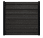 Komposit Hegn med galvaniseret stålstolper & u-skinner - Type 1 er et mørkebrunt, lodret rektangulært hegnspanel med vandrette trælameller med sort indfatning på siderne og toppen. Den tilbyder et struktureret kornmønster for et naturligt udseende, suppleret med galvaniserede stålstolper og skinner for øget holdbarhed.