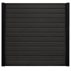 Komposit Hegn med galvaniseret stålstolper & u-skinner - Type 1 er et mørkebrunt, lodret rektangulært hegnspanel med vandrette trælameller med sort indfatning på siderne og toppen. Den tilbyder et struktureret kornmønster for et naturligt udseende, suppleret med galvaniserede stålstolper og skinner for øget holdbarhed.