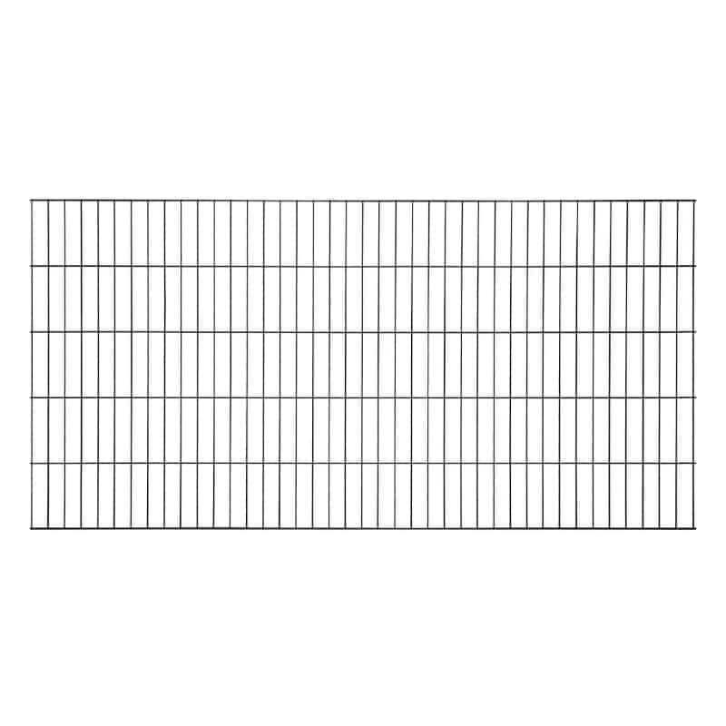 Et billede af en rektangulær Panelhegn "BLACKY" 2D 200x100cm, med jævnt fordelte lodrette og vandrette bjælker, der skaber en række rektangulære åbninger. Gitteret ser ud til at være konstrueret af robuste Pulverlakeret Sort Metal stænger, som typisk bruges til hegn eller som en beskyttende barriere.