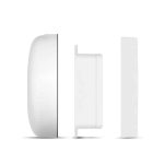 Illustration der viser et tredelt trådløst sensorsystem til ismartgate LITE - Fjernstyret Låge & portåbner via. Din Smartphone eller PC - (Max 1 tilslutning af låge eller port). Komponenterne er arrangeret lodret med en afrundet kuppelformet sensor til venstre, en rektangulær mellemenhed med en flad top og et slankt, fladt rektangulært stykke til højre. Alle elementer er hvide.