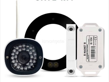 Billede, der viser komponenter af "ismartgate PRO" fra iSmartgate. Det inkluderer et sikkerhedskamera med nattesynsfunktioner, en cirkulær sort enhed med knapper og en rektangulær hvid magnetsensor med tekniske specifikationer trykt på den til styring af låger eller porte via fjernstyret signal gennem din smartphone eller pc (understøtter op til 3 forbindelser).