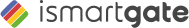 Et logo for ismartgate LITE - Fjernstyret Låge & portåbner via. Din Smartphone eller PC, med en skrå firkant opdelt i fire farvede segmenter: blå, rød, gul og grøn, efterfulgt af teksten "ismartgate" med små bogstaver, grå, sans-serif font. Perfekt til fjernstyring af op til én port eller dør.