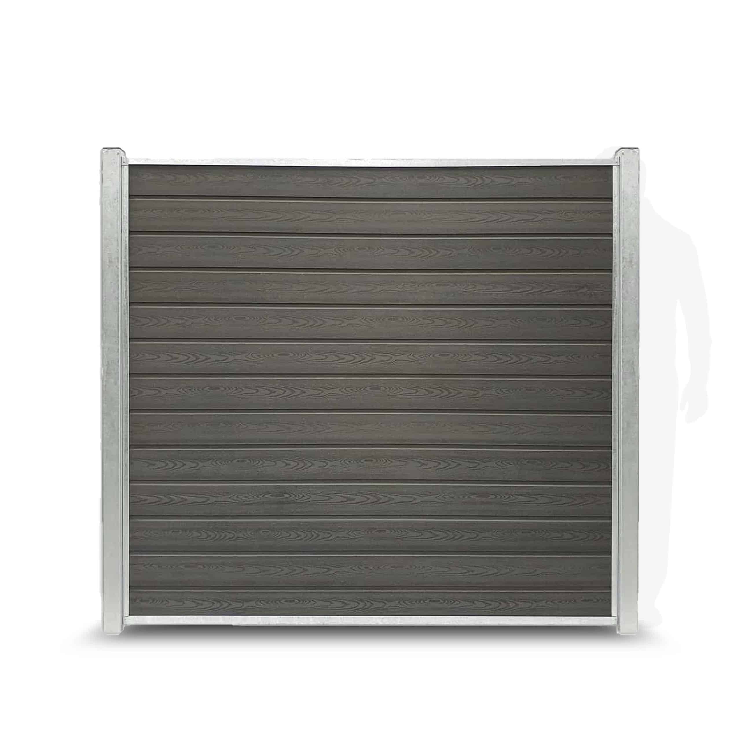 Et stort, firkantet haveskærmspanel med vandrette mørke trælameller sat inden for en robust metalramme af Sort/Antracit galvaniseret stålstolper, vist på en hvid baggrund.