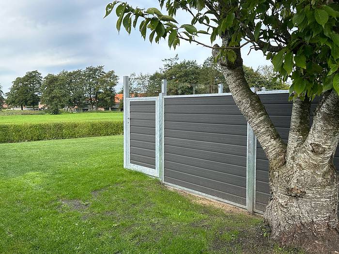 En stor træstamme står i forgrunden i højre side og dækker delvist et moderne Komposit Hegn med klart glas med mørkt foret galvaniseret stålstolper u-skind. Hegnet strækker sig over billedet med grønt græs og en hæk i baggrunden. Himlen er overskyet, hvilket tilføjer en kølig tone til udendørsscenen.