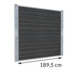 En metalramme med sorte vandrette paneler, der måler 189,5 cm i bredden. Rammen er placeret oprejst, med målene angivet i bunden af en dobbelthovedet pil, der spænder over panelets bredde, perfekt til dem, der overvejer en Komposit Hegn med galvaniseret stålstolper & u-skinner - Type 1.