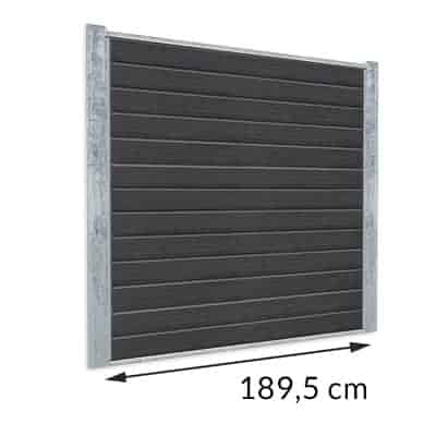En metalramme med sorte vandrette paneler, der måler 189,5 cm i bredden. Rammen er placeret oprejst, med målene angivet i bunden af en dobbelthovedet pil, der spænder over panelets bredde, perfekt til dem, der overvejer en Komposit Hegn med galvaniseret stålstolper & u-skinner - Type 1.