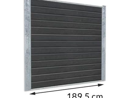 En metalramme med sorte vandrette paneler, der måler 189,5 cm i bredden. Rammen er placeret oprejst, med målene angivet i bunden af en dobbelthovedet pil, der spænder over panelets bredde, perfekt til dem, der overvejer en Komposit Hegn med galvaniseret stålstolper & u-skinner - Type 1.