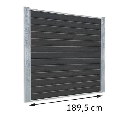 En metalramme med sorte vandrette paneler, der måler 189,5 cm i bredden. Rammen er placeret oprejst, med målene angivet i bunden af en dobbelthovedet pil, der spænder over panelets bredde, perfekt til dem, der overvejer en Komposit Hegn med galvaniseret stålstolper & u-skinner - Type 1.