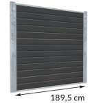 Komposit Hegn med galvaniseret stålstolper & u-skinner - Type 1 er et mørkegrå, lodret stablet lamelpanel med metalliske rammer på siderne, der måler 189,5 cm i bredden som angivet med en pil under.