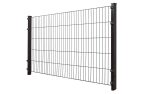 Et "SORT" 2D Panel Pulverlakeret Sort Metal Hegn, med lodrette og vandrette ledninger i et rektangulært gittermønster, understøttet af to sorte stålstolper på hver side. Baggrunden er hvid.