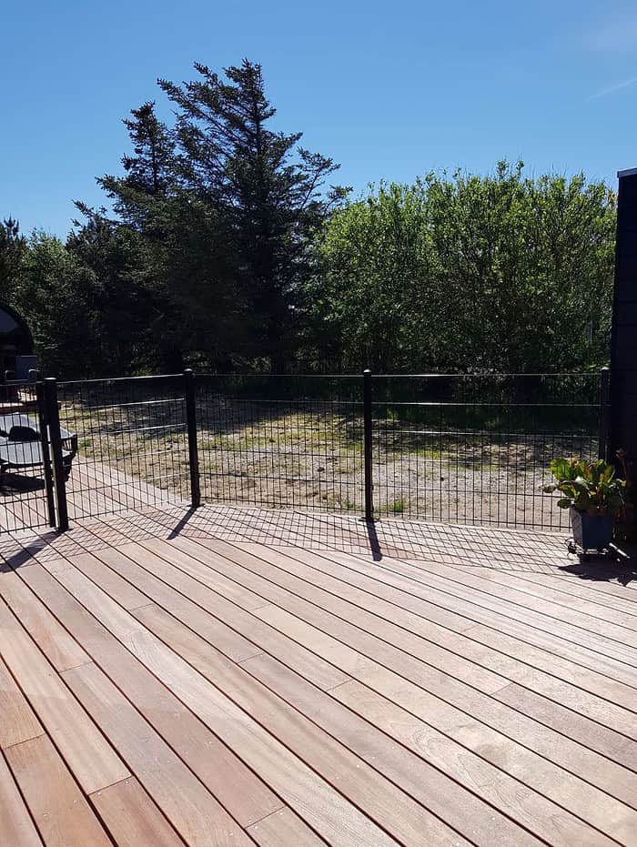Et solrigt udendørs dæk med trægulv og et sort metalhegn, der omslutter området. Ud over hegnet er der en sandet gård med spredte græspletter, omkranset af høje grønne træer under en klar blå himmel. En slank Havelåge 2D Panelfyld 8/6/8mm Rammeløs "BLACKY" Komplet tilføjer elegance til scenen, mens en potteplante er placeret i hjørnet af dækket.