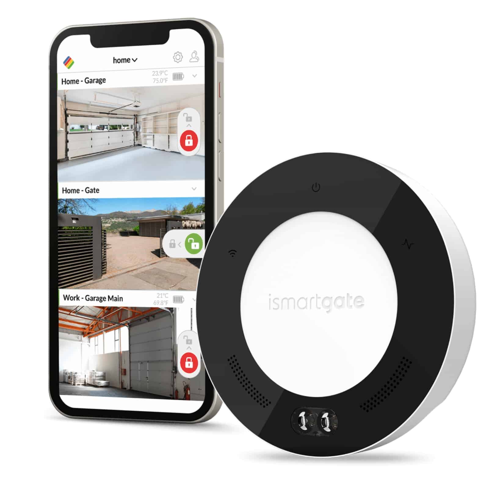 En smartphone eller pc, der viser grænsefladen til en smart home-app, står oprejst ved siden af en rund, sort-hvid smart home-enhed mærket "ismartgate PRO". Appen viser kontroller for forskellige lokationer som "Hjem - Garage" og "Arbejde - Garage Hoved" med statusindikatorer, der tillader fjernstyret signalstyring til dine låger eller porte via din smartphone eller pc med op til 3 tilslutninger.