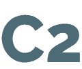 Billedet har tegnene "C2" i en fed, sans-serif skrifttype. Teksten er centreret på en solid, mørkeblå baggrund. "C"et er lidt større end "2", og de er begge i en dæmpet blå farve, der minder om overfladebehandling brugt på metal hegn.