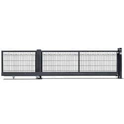 Skydeport "ODENSE" 2D Panel hegn med mønster gate viser et slankt, moderne sort metaldesign. Den har lodrette og vandrette bjælker med minimalistisk stil, kronet med en række små cirkulære ornamenter. Porten er afbildet delvist åben, hvilket understreger dens glidemekanisme i bunden.