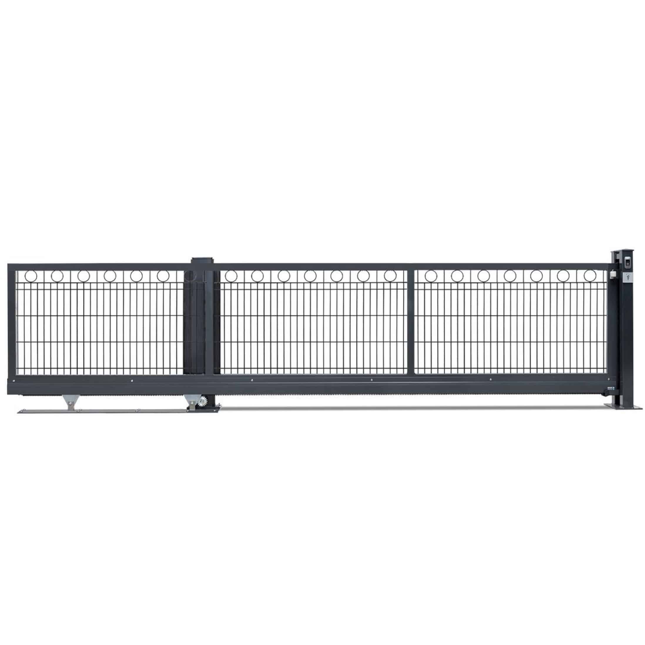 Skydeport "ODENSE" 2D Panel hegn med mønster gate viser et slankt, moderne sort metaldesign. Den har lodrette og vandrette bjælker med minimalistisk stil, kronet med en række små cirkulære ornamenter. Porten er afbildet delvist åben, hvilket understreger dens glidemekanisme i bunden.